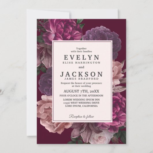 Invitation Moody foncé Cascade florale automne hiver Mariage (Devant)
