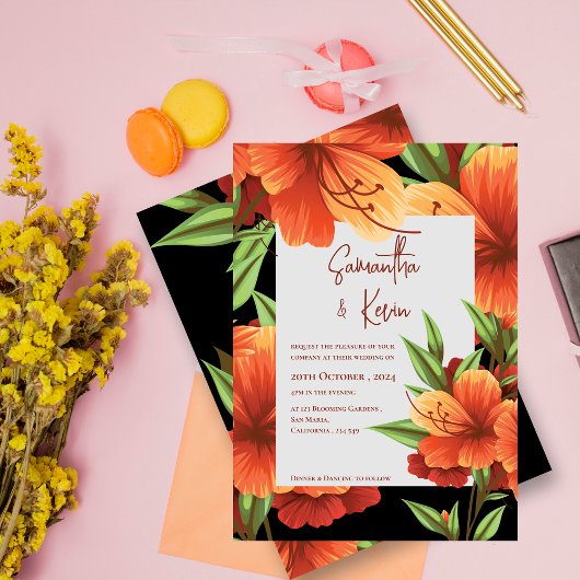 Invitation Moody foncé Elégant Mariage Floral Orange
