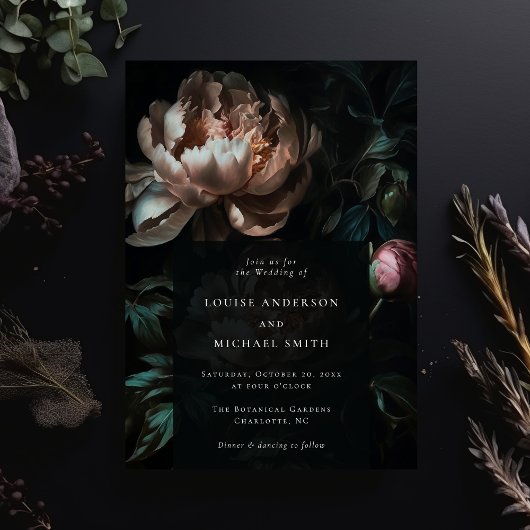 Invitation Moody foncé Floral Romantique Black Peony Mariage