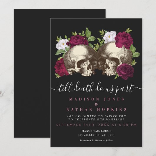 Invitation Moody foncé Gothique Crâne Mariage floral (Devant / Derrière)