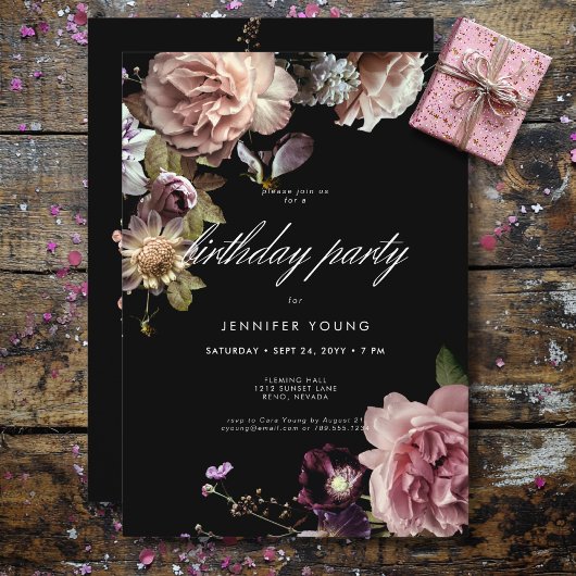 Invitation Moody foncé Pastel Opulent Floral Noir Anniversair