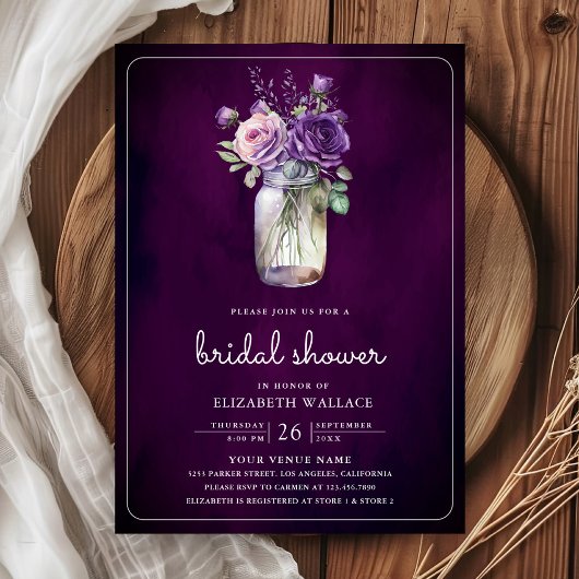 Invitation Moody foncé violet Fête des mariées Mason Jar