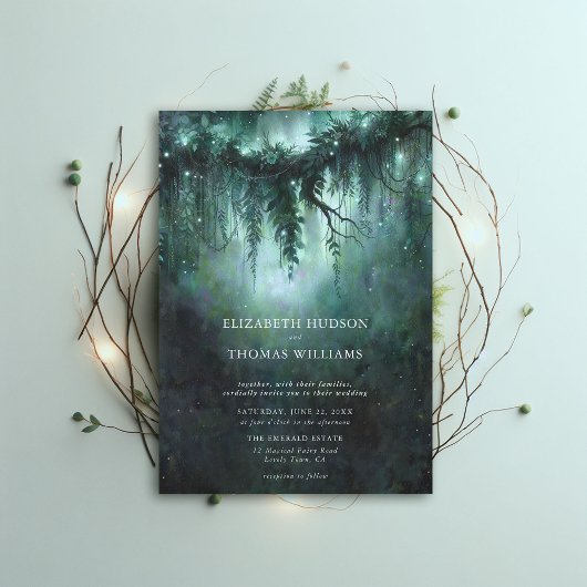 Invitation Moody Forest enchanted Bleu moderne Mariage foncé