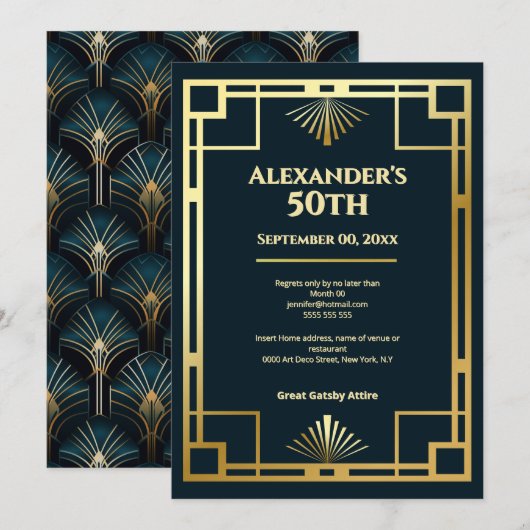 Invitation Moody Gatsby Art Deco 50th Birthday Party (Devant / Derrière)