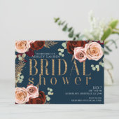 Invitation Moody Glam Bleu foncé Or Roses rose Fête des marié (Debout devant)