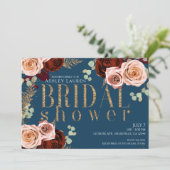 Invitation Moody Glam Blue Gold Roses Fête des mariées (Debout devant)