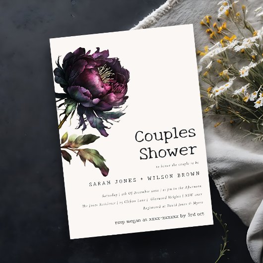 Invitation Moody Gothic Purple Black Peony Couples Douche