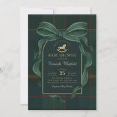 Invitation Moody Green Bow Equestrian Tartan Polo Baby Shower (Devant)