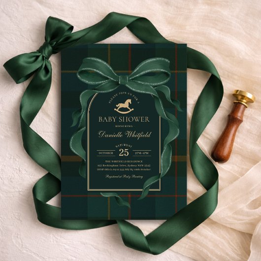 Invitation Moody Green Bow Equestrian Tartan Polo Baby Shower