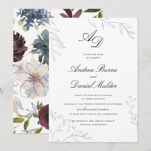 Invitation Moody Jewel Tone Floral Mariage (Devant / Derrière)
