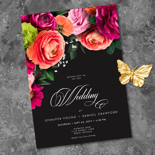 Invitation Moody Luxe Floral Vibrant Pink Black Wedding