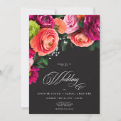 Invitation Moody Luxe Floral Vibrant Pink Black Wedding (Devant)