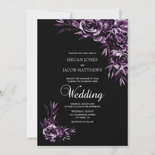 Invitation Moody Mariage floral noir et violet (Devant)