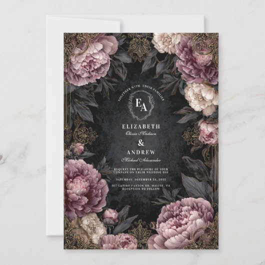 Invitation Moody Mauve Peony & Black Mariage gothique (Devant)
