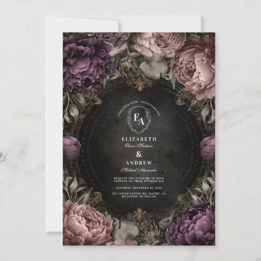 Invitation Moody Mauve Peony Mariage gothique (Devant)
