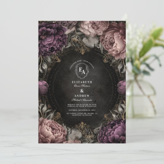 Invitation Moody Mauve Peony Mariage gothique (Debout devant)