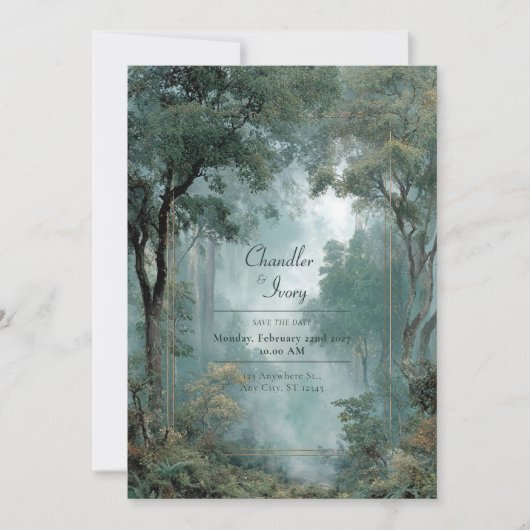 Invitation Moody Misty Forest Gold Frame Mariage (Devant)