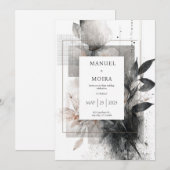 Invitation Moody Monochrome Abstrait Floral Mariage (Devant / Derrière)