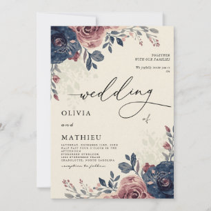 Invitation Moody Navy Dusty Rose Floral Mariage