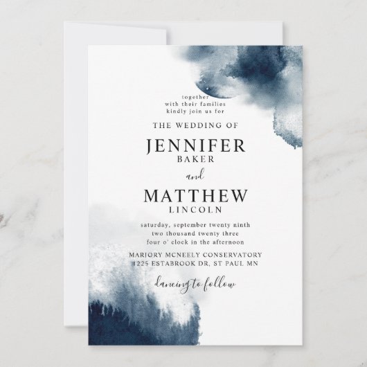 Invitation Moody Navy Mariage d'aquarelle bleu (Devant)
