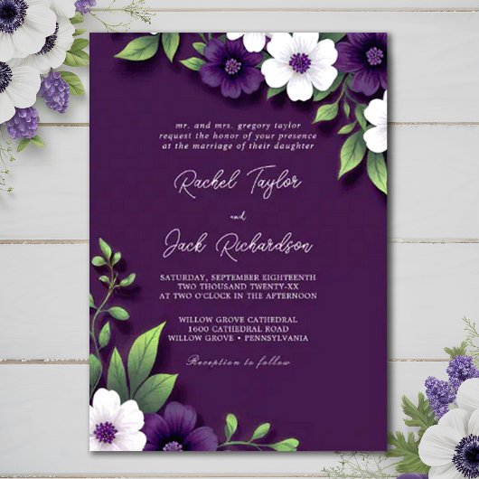 Invitation Moody Plum Blooms Dusty Shades Purple Mariage
