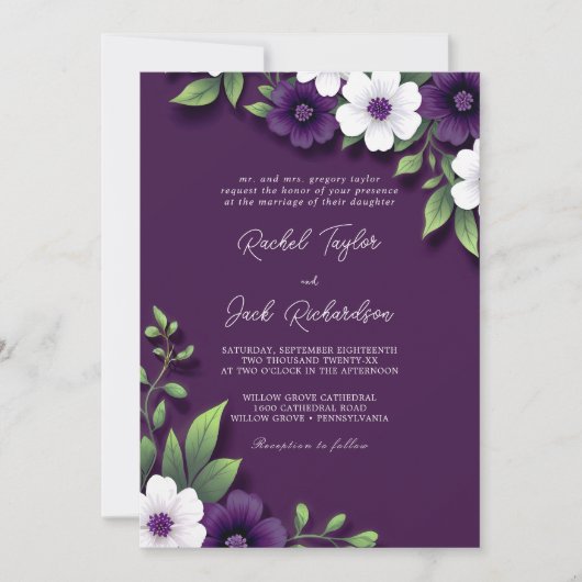 Invitation Moody Plum Blooms Dusty Shades Purple Mariage (Devant)