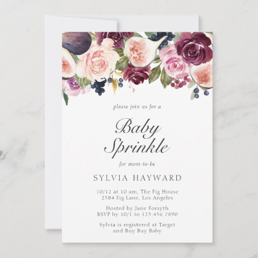 Invitation Moody Plum Floral et Fig Girl Baby Sprinky (Devant)