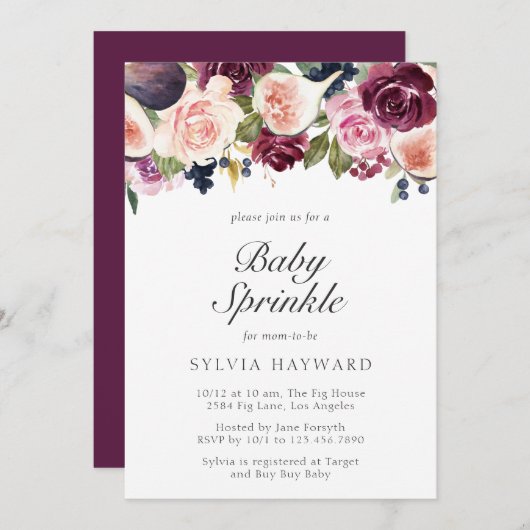 Invitation Moody Plum Floral et Fig Girl Baby Sprinky (Devant / Derrière)