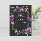 Invitation Moody Purple Black Elegant Floral Mariage QR Code (Debout devant)