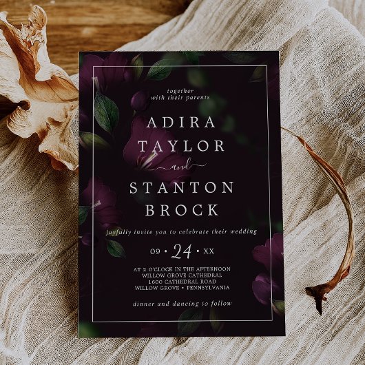 Invitation Moody Purple Blooms | Mariage Motif noir