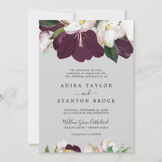 Invitation Moody Purple Blooms | Mariage officiel gris (Devant)