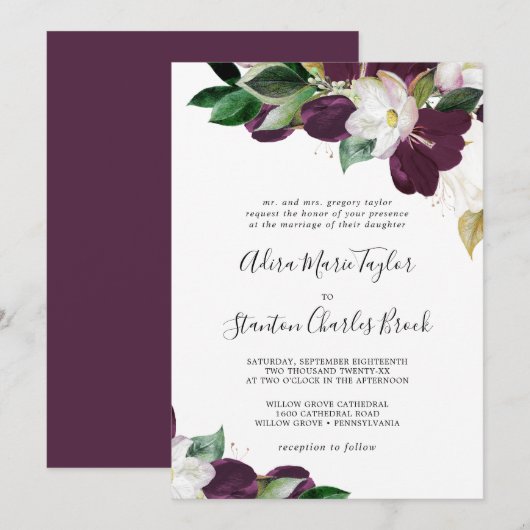 Invitation Moody Purple Blooms Mariage traditionnel (Devant / Derrière)