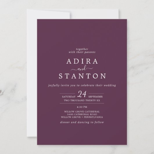 Invitation Moody Purple Coordonner Plum Tout en un Mariage (Devant)
