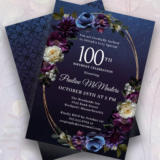Invitation Moody Purple Flowers 100e fête d'anniversaire