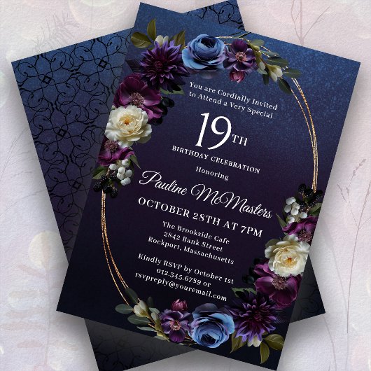 Invitation Moody Purple Flowers 19e fête d'anniversaire