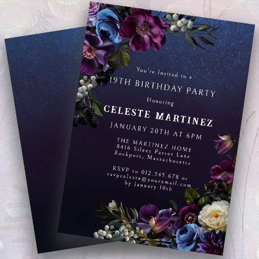 Invitation Moody Purple Flowers 19e fête d'anniversaire