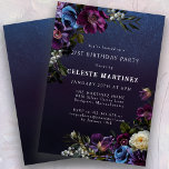 Invitation Moody Purple Flowers 21e fête d'anniversaire<br><div class="desc">Des fleurs violettes profondes avec des pops de blanc et de bleu créent une palette d'hiver maussade. Elles sont nichées dans un feuillage vert foncé et noir. L'arrière - plan d'aquarelle bleu foncé lui donne une ambiance gothique et encadre parfaitement les fleurs. Il fait également apparaître le texte blanc. Cette...</div>