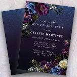 Invitation Moody Purple Flowers 30e anniversaire<br><div class="desc">Des fleurs violettes profondes avec des pops de blanc et de bleu créent une palette d'hiver maussade. Elles sont nichées dans un feuillage vert foncé et noir. L'arrière - plan d'aquarelle bleu foncé lui donne une ambiance gothique et encadre parfaitement les fleurs. Il fait également apparaître le texte blanc. Cette...</div>