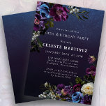 Invitation Moody Purple Flowers 40e fête d'anniversaire<br><div class="desc">Des fleurs violettes profondes avec des pops de blanc et de bleu créent une palette d'hiver maussade. Elles sont nichées dans un feuillage vert foncé et noir. L'arrière - plan d'aquarelle bleu foncé lui donne une ambiance gothique et encadre parfaitement les fleurs. Il fait également apparaître le texte blanc. Cette...</div>