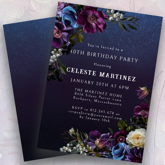 Invitation Moody Purple Flowers 40e fête d'anniversaire