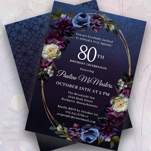 Invitation Moody Purple Flowers 80e anniversaire