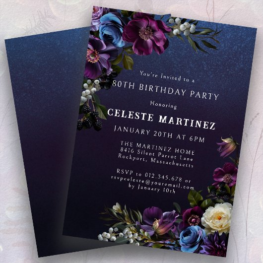 Invitation Moody Purple Flowers 80e anniversaire