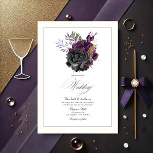Invitation Moody Purple, Gold et Black Floral Mariage