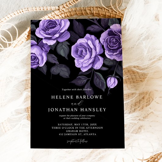 Invitation Moody Purple Rose Floral Dark Gothique Mariage