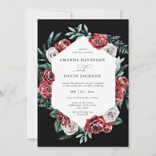 Invitation Moody Red Floral Greenery Mariage élégant (Devant)