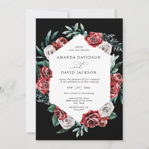 Invitation Moody Red Floral Greenery Mariage élégant