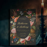 Invitation Moody Romantic Dreamy Pink Dark Gothic Mariage<br><div class="desc">Cette faire-part de mariage unique et enchanteresse présente un cadre fleuri et luxuriant, avec différentes nuances (et types de) fleurs roses, dans le style des anciens maîtres hollandais, dressé contre un arrière - plan noir profond et moody. L'élégante calligraphie et le texte doré apportent une touche de luxe et de...</div>