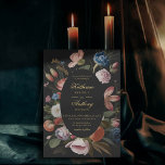 Invitation Moody Romantic Floral Dreamy Black Frame Mariage<br><div class="desc">Cette faire-part de mariage unique et enchanteresse présente un cadre floral luxuriant dans le style des anciens maîtres hollandais, dressé contre un arrière - plan noir profond et mode. L'élégante calligraphie et le texte doré apportent une touche de luxe et de sophistication. Un choix charmant pour les épouses qui aiment...</div>