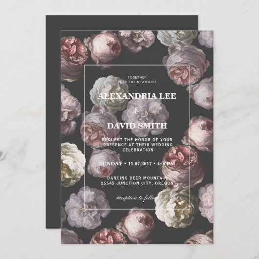 Invitation Moody romantique Delicate noir foncé Mariage flora (Devant / Derrière)