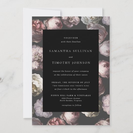 Invitation Moody romantique Delicate noir foncé Mariage flora (Devant)